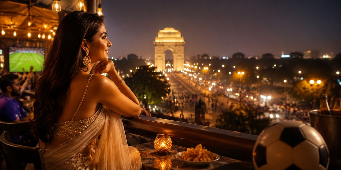 Delhi India Gate with casino and cricket betting theme at night