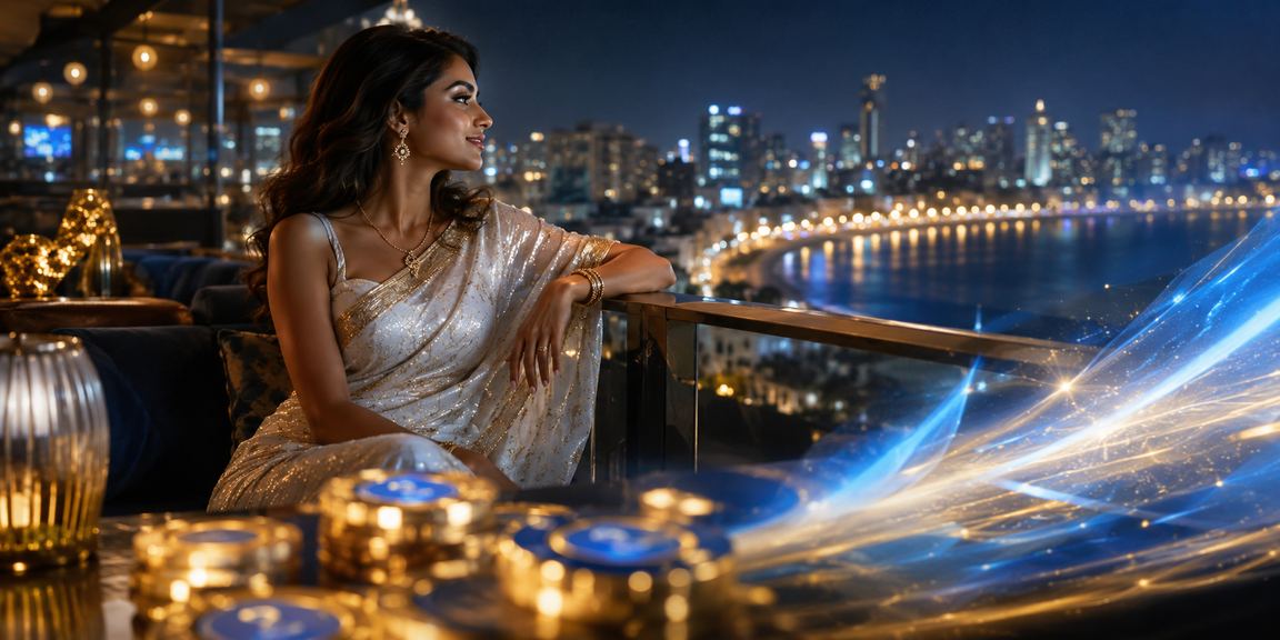 Young woman in Pune playing Aviator game on mobile, wearing traditional saree